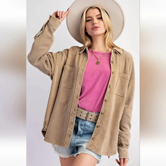 New Easel Wild & Free Mineral Washed Button Down Terry Knit Shirt Shacket - Picture 2 of 6